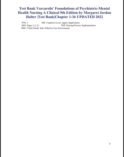 Test Bank Varcarolis’ Foundations of Psychiatric-Mental Health Nursing 9th Edition by Halter